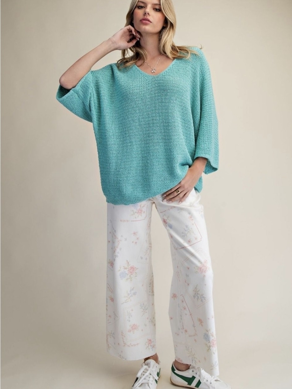 NWT Atlantis Green 3/4 Sleeve V-Neck Knit Sweater – Small